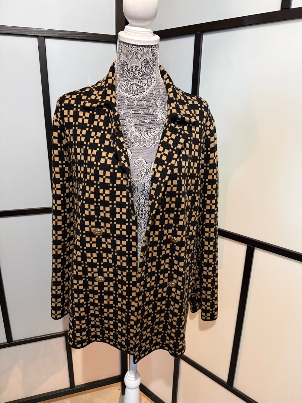 Anne Klein Black and Tan Checked Double-Breasted Blazer Coat